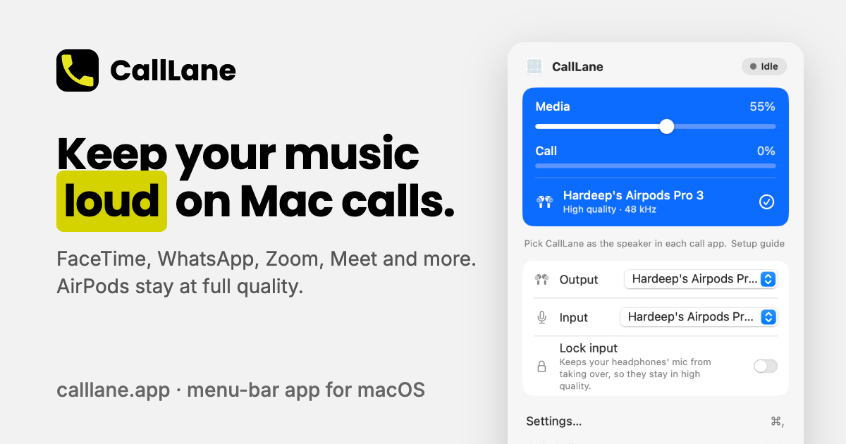 CallLane - a Mac menu-bar app that keeps your music loud during dictation and your AirPods in HD